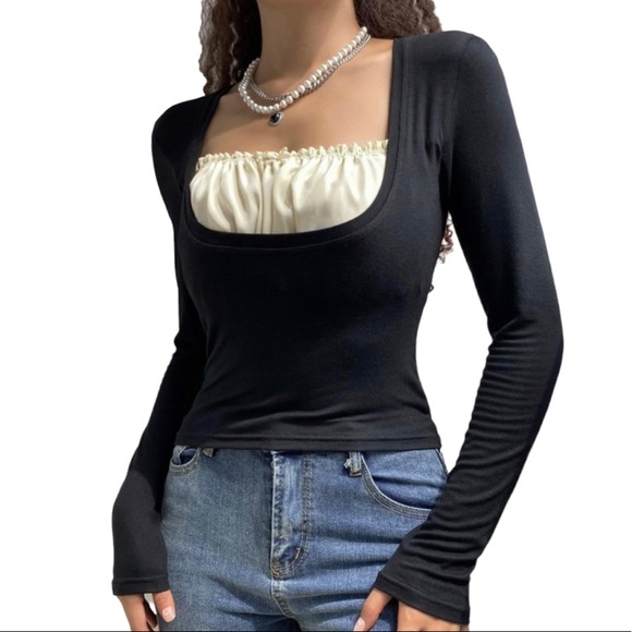 Classic Fashion Tops - Classic Fashion Black Long Sleeve Slightly Cropped Top with Cream Ruched Bust